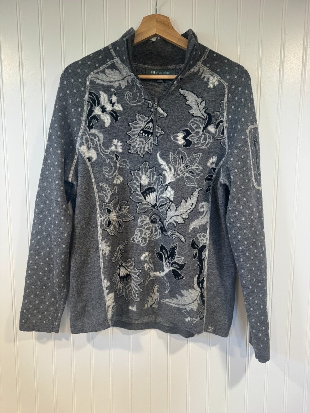 Title Nine Women's L Merino Wool Blend Quarter Zip Pullover Sweater Grey Nordic